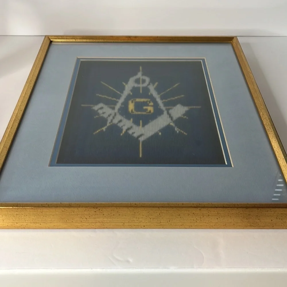 Vintage Masonic Lodge Cross Stitch Gold Framed Matted‎ Handmade Needlework